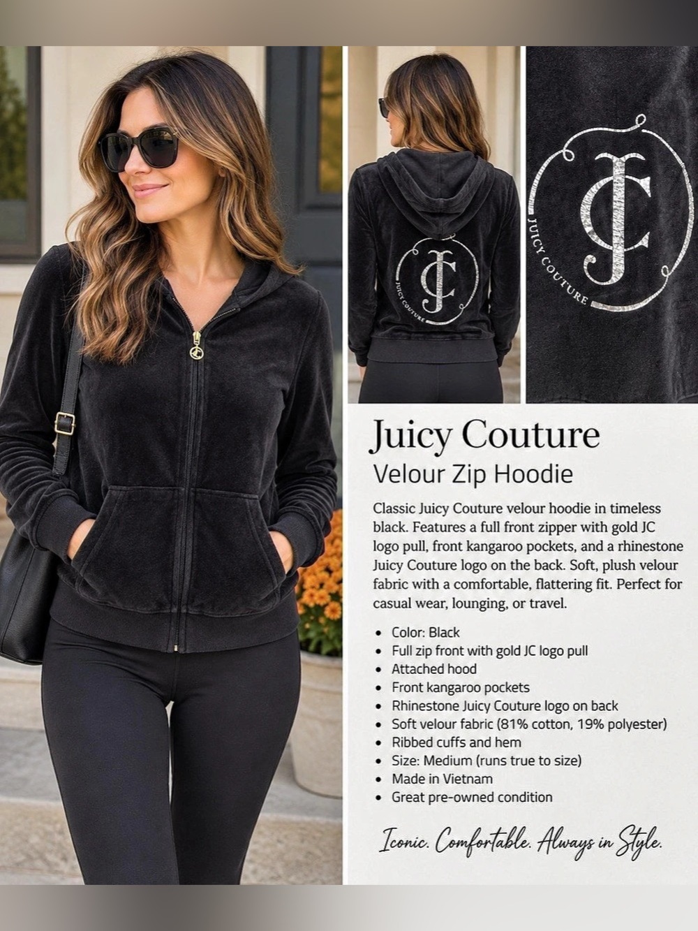 Juicy Couture Black Velour Rhinestone JC Logo zipper Sweatshirt Black